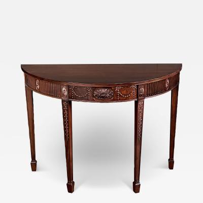 Handsome English George III Hepplewhite Style Carved Mahogany Demilune Table