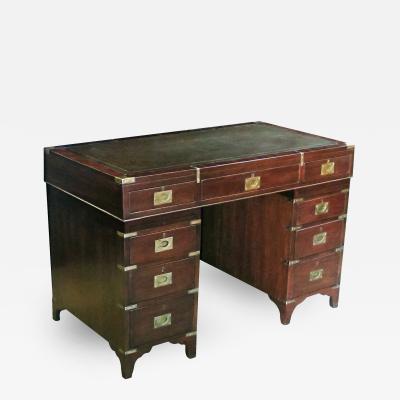 Handsome English Mahogany 9 Drawer Campaign Desk with Sage Green Leather Top
