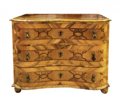 Handsome German Baroque Style Reverse serpentine Parquetry 3 Drawer Chest