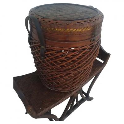 Handwoven Wicker Basket w Brass inlay