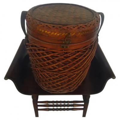 Handwoven Wicker Basket w Brass inlay