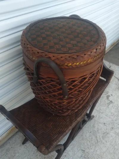 Handwoven Wicker Basket w Brass inlay