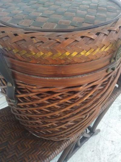 Handwoven Wicker Basket w Brass inlay