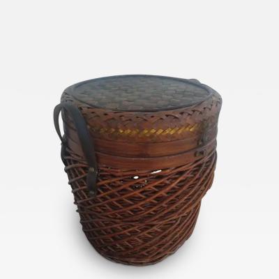 Handwoven Wicker Basket w Brass inlay