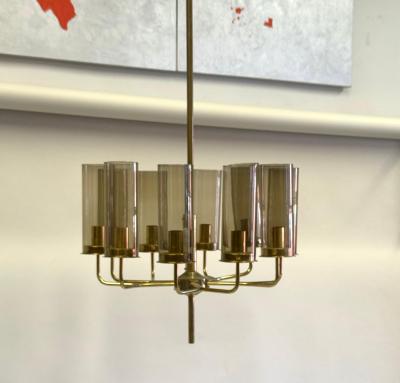 Hans Agne Jakobsson 2 Scandinavian Modern Brass Smoked Glass Chandeliers by Hans Agne Jakobsson