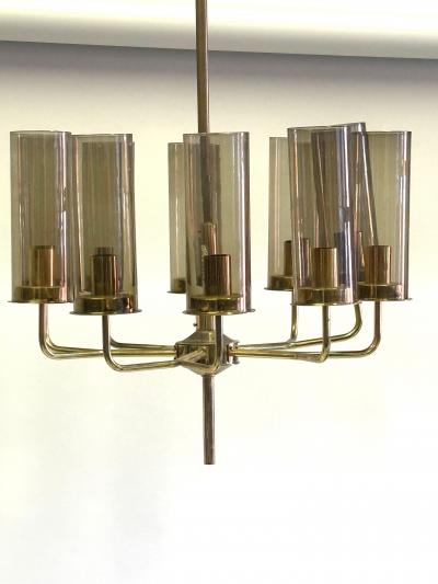 Hans Agne Jakobsson 2 Scandinavian Modern Brass Smoked Glass Chandeliers by Hans Agne Jakobsson