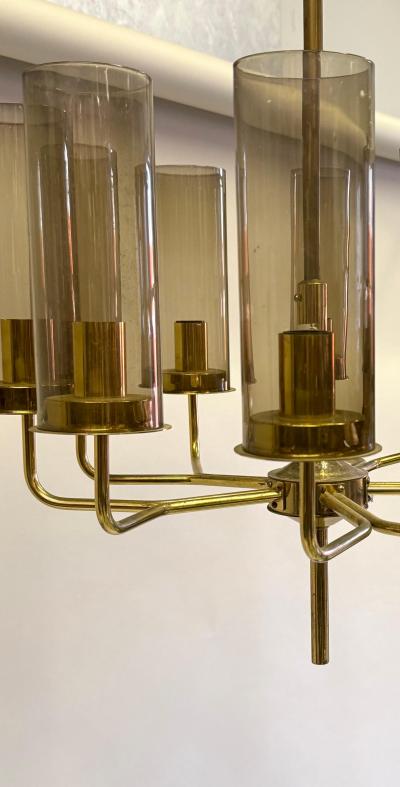 Hans Agne Jakobsson 2 Scandinavian Modern Brass Smoked Glass Chandeliers by Hans Agne Jakobsson