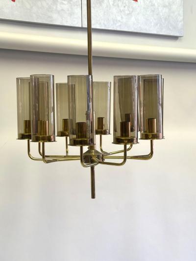 Hans Agne Jakobsson 2 Scandinavian Modern Brass Smoked Glass Chandeliers by Hans Agne Jakobsson