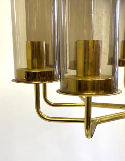 Hans Agne Jakobsson 2 Scandinavian Modern Brass Smoked Glass Chandeliers by Hans Agne Jakobsson