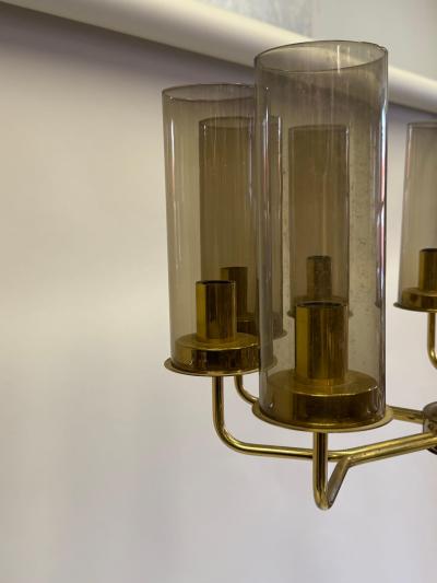 Hans Agne Jakobsson 2 Scandinavian Modern Brass Smoked Glass Chandeliers by Hans Agne Jakobsson