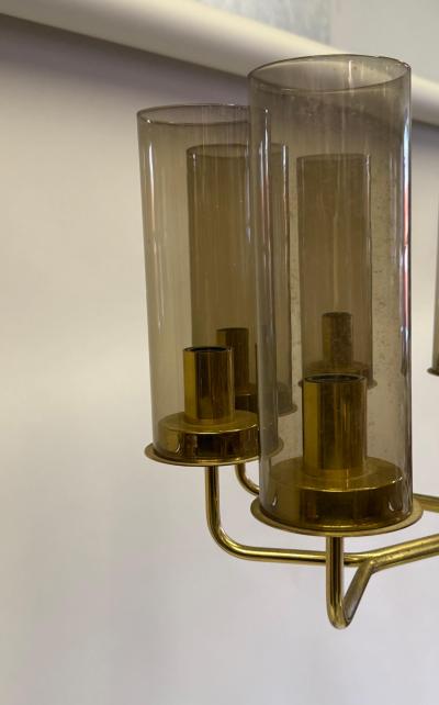 Hans Agne Jakobsson 2 Scandinavian Modern Brass Smoked Glass Chandeliers by Hans Agne Jakobsson