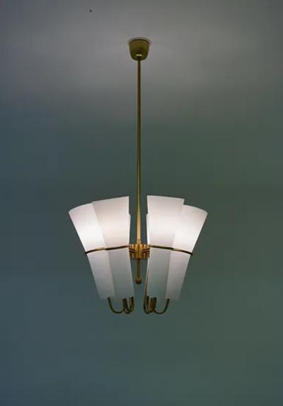 Hans Agne Jakobsson Chandelier in Brass and Opaline Glass by Hans Agne Jakobsson
