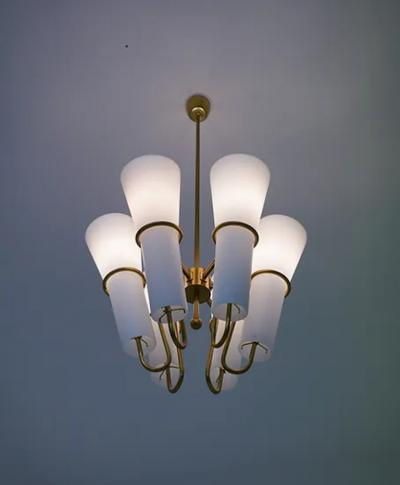 Hans Agne Jakobsson Chandelier in Brass and Opaline Glass by Hans Agne Jakobsson