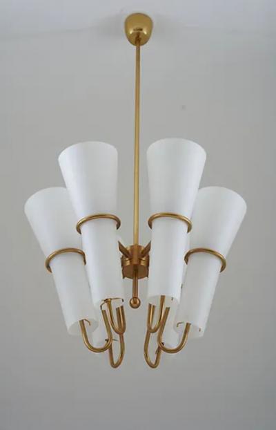 Hans Agne Jakobsson Chandelier in Brass and Opaline Glass by Hans Agne Jakobsson