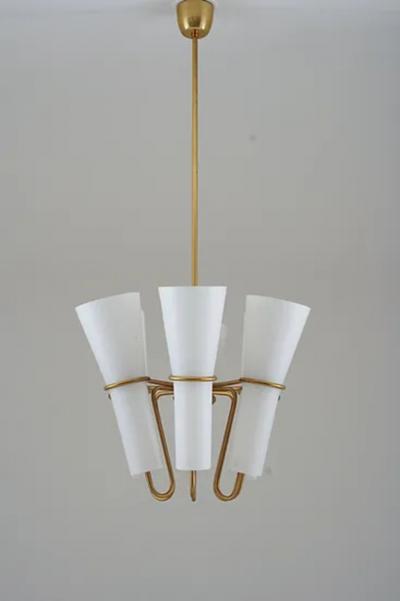 Hans Agne Jakobsson Chandelier in Brass and Opaline Glass by Hans Agne Jakobsson