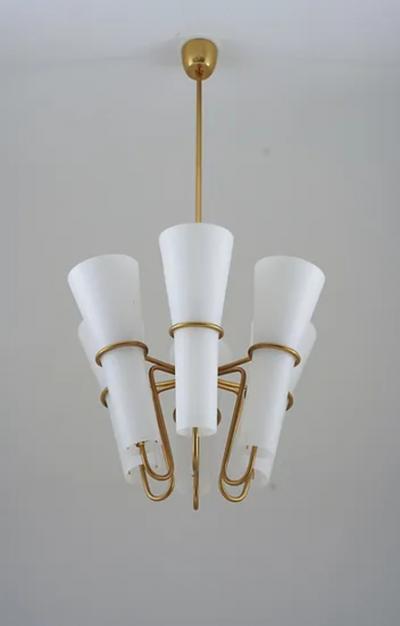 Hans Agne Jakobsson Chandelier in Brass and Opaline Glass by Hans Agne Jakobsson
