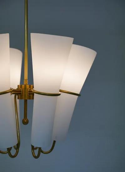 Hans Agne Jakobsson Chandelier in Brass and Opaline Glass by Hans Agne Jakobsson