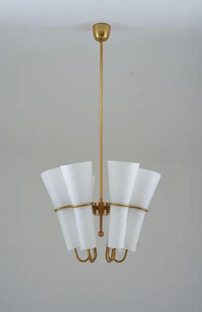 Hans Agne Jakobsson Chandelier in Brass and Opaline Glass by Hans Agne Jakobsson