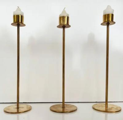 Hans Agne Jakobsson Hans Agne Jakobsson Brass and Glass Candlesticks for AB Sweden c1970s Set 3