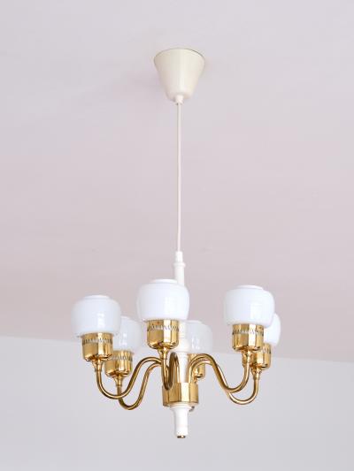 Hans Agne Jakobsson Hans Agne Jakobsson Six Arm T526 Chandelier Brass and Opal Glass Sweden 1960s
