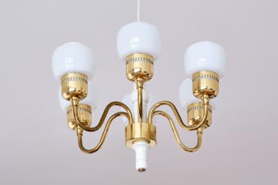 Hans Agne Jakobsson Hans Agne Jakobsson Six Arm T526 Chandelier Brass and Opal Glass Sweden 1960s