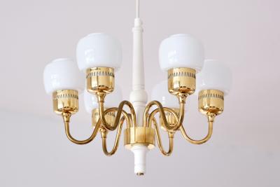 Hans Agne Jakobsson Hans Agne Jakobsson Six Arm T526 Chandelier Brass and Opal Glass Sweden 1960s