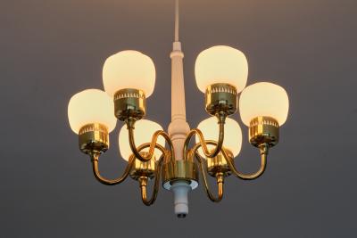 Hans Agne Jakobsson Hans Agne Jakobsson Six Arm T526 Chandelier Brass and Opal Glass Sweden 1960s