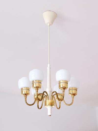 Hans Agne Jakobsson Hans Agne Jakobsson Six Arm T526 Chandelier Brass and Opal Glass Sweden 1960s