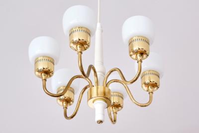 Hans Agne Jakobsson Hans Agne Jakobsson Six Arm T526 Chandelier Brass and Opal Glass Sweden 1960s