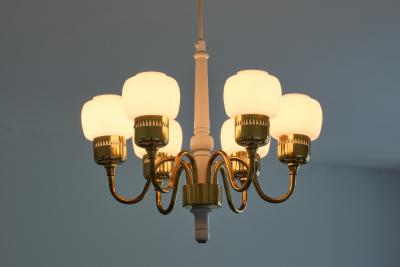 Hans Agne Jakobsson Hans Agne Jakobsson Six Arm T526 Chandelier Brass and Opal Glass Sweden 1960s