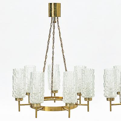 Hans Agne Jakobsson Pair Hans Agne Jakobnsson Brass and Glass Chandeliers Attr 1960s