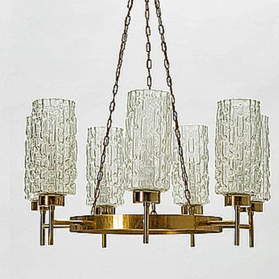 Hans Agne Jakobsson Pair Hans Agne Jakobnsson Brass and Glass Chandeliers Attr 1960s