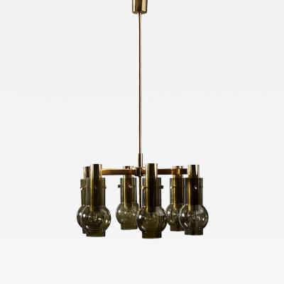 Hans Agne Jakobsson Pair of Hans Agne Jakobsson Chandeliers with Six Arms and Gray Glass Shades