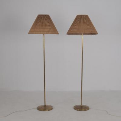Hans Agne Jakobsson Pair of Hans Agne Jakobsson Floor Lamp in Brass Rattan Markaryd Sweden 1970s