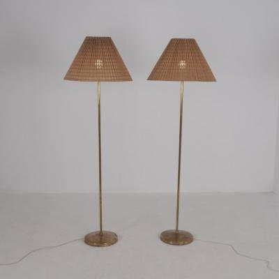 Hans Agne Jakobsson Pair of Hans Agne Jakobsson Floor Lamp in Brass Rattan Markaryd Sweden 1970s