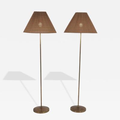 Hans Agne Jakobsson Pair of Hans Agne Jakobsson Floor Lamp in Brass Rattan Markaryd Sweden 1970s
