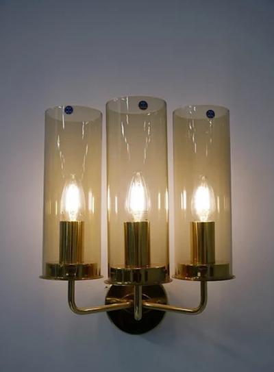 Hans Agne Jakobsson Swedish Midcentury Wall Lamps in Brass and Glass by Hans Agne Jakobsson