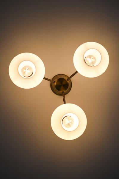 Hans Bergstr m Ceiling Lamps in Brass and Opaline Glass by Hans Bergstr m 1940s
