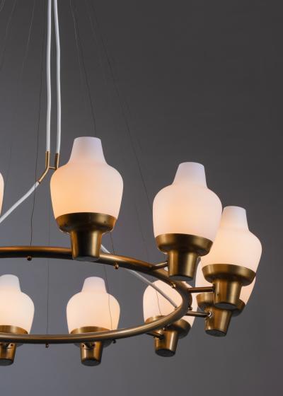 Hans Bergstr m Large Hans Bergstrom brass and opaline glass chandelier