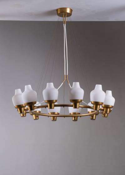 Hans Bergstr m Large Hans Bergstrom brass and opaline glass chandelier