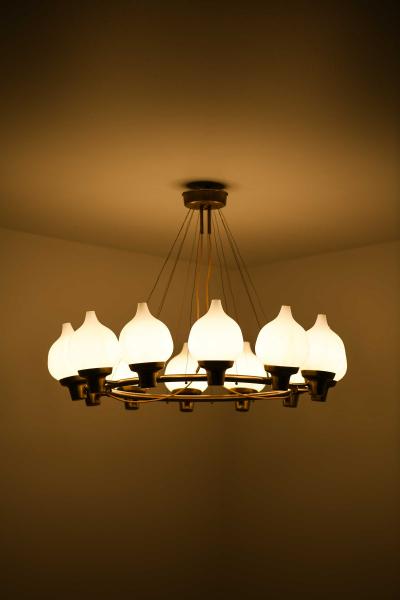 Hans Bergstr m Scandinavian Modern Ceiling Lamp in Brass Opaline Glass by Hans Bergstr m