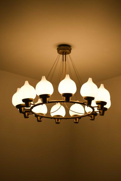 Hans Bergstr m Scandinavian Modern Ceiling Lamp in Brass Opaline Glass by Hans Bergstr m