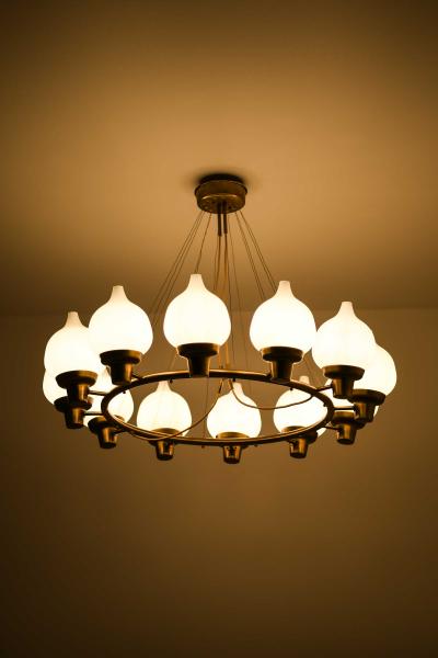 Hans Bergstr m Scandinavian Modern Ceiling Lamp in Brass Opaline Glass by Hans Bergstr m