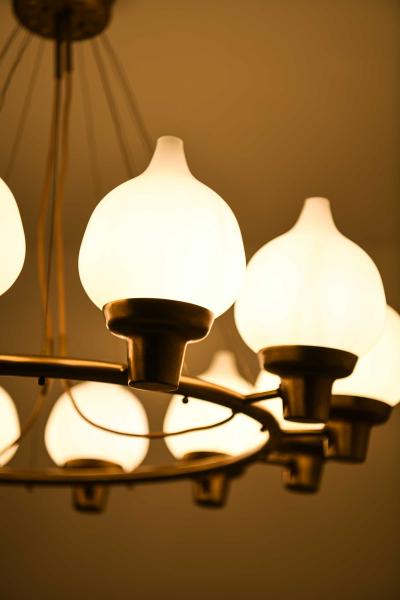 Hans Bergstr m Scandinavian Modern Ceiling Lamp in Brass Opaline Glass by Hans Bergstr m