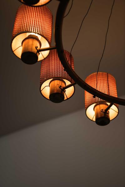Hans Bergstr m Scandinavian Modern Ceiling Lamp in Brass and Cane by Hans Bergstr m 1940s
