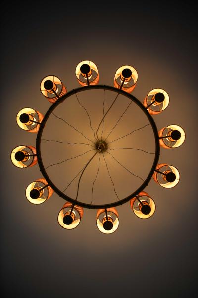Hans Bergstr m Scandinavian Modern Ceiling Lamp in Brass and Cane by Hans Bergstr m 1940s