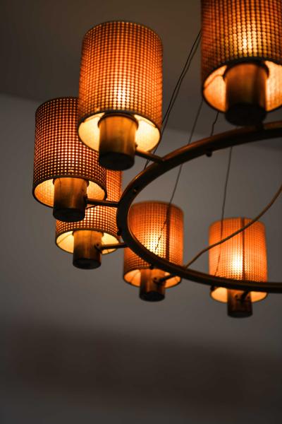 Hans Bergstr m Scandinavian Modern Ceiling Lamp in Brass and Cane by Hans Bergstr m 1940s