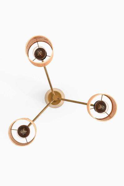 Hans Bergstr m Scandinavian Modern Ceiling Lamp in Brass and Cane by Hans Bergstr m 1950s