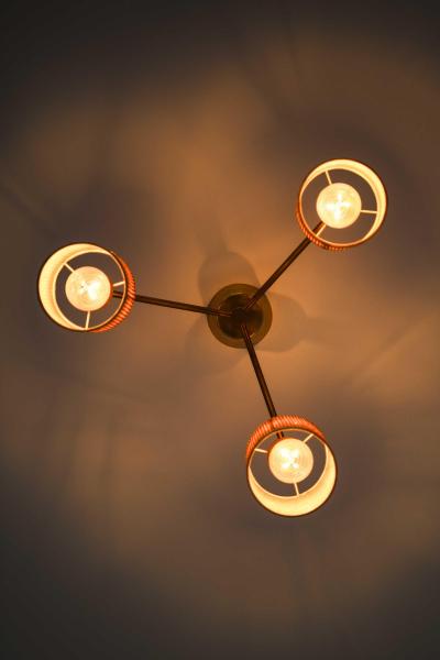Hans Bergstr m Scandinavian Modern Ceiling Lamp in Brass and Cane by Hans Bergstr m 1950s
