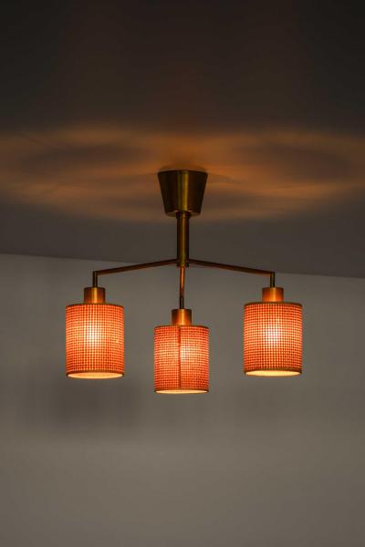 Hans Bergstr m Scandinavian Modern Ceiling Lamp in Brass and Cane by Hans Bergstr m 1950s